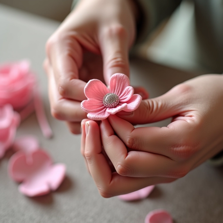 Mãos de artesã crocheando flor de fita de cetim rosa.