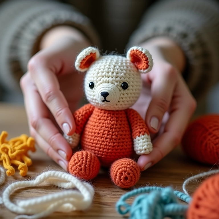 Mãos de artesã crocheitando um CD de amigurumi.
