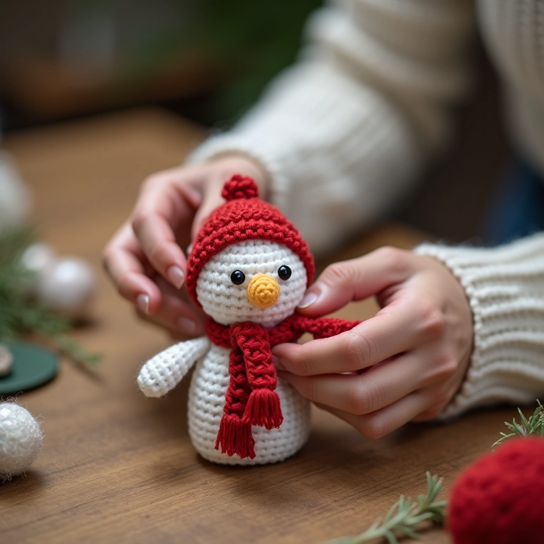 Mãos de artesã crochentado detalhe em boneco de neve de amigurumi.