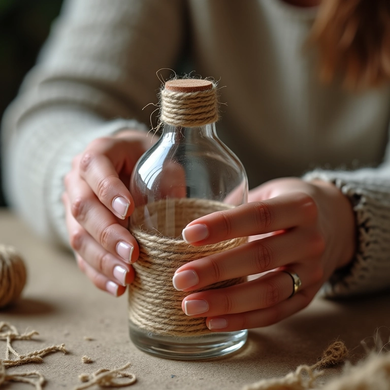 Mãos de artesã crochetagem garrafa com barbante.