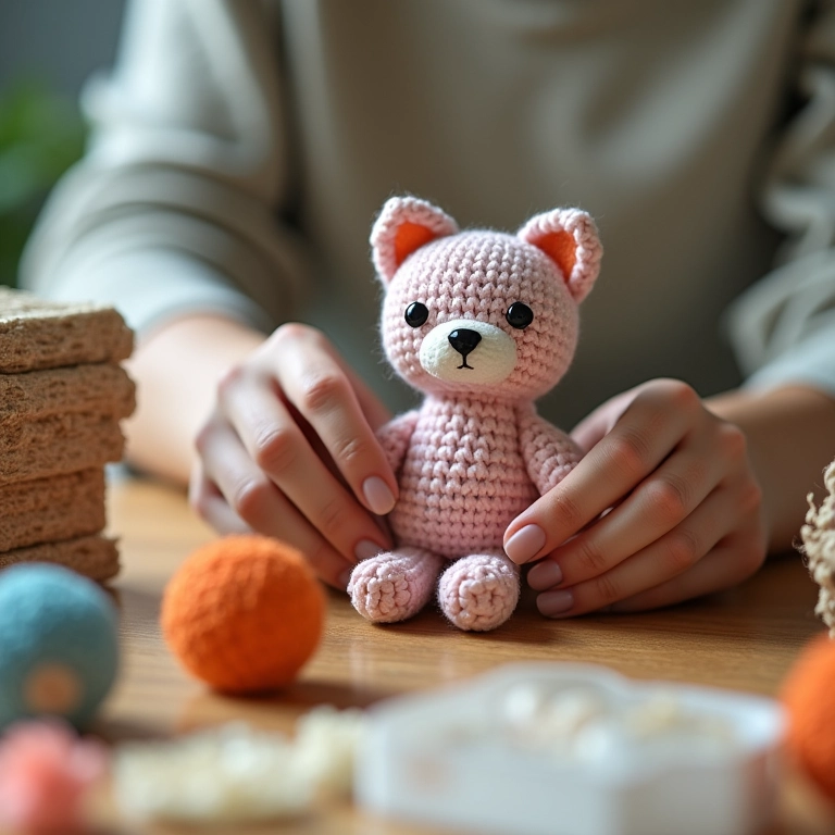 Mãos de artesã crochetando detalhe em casinha de gato.