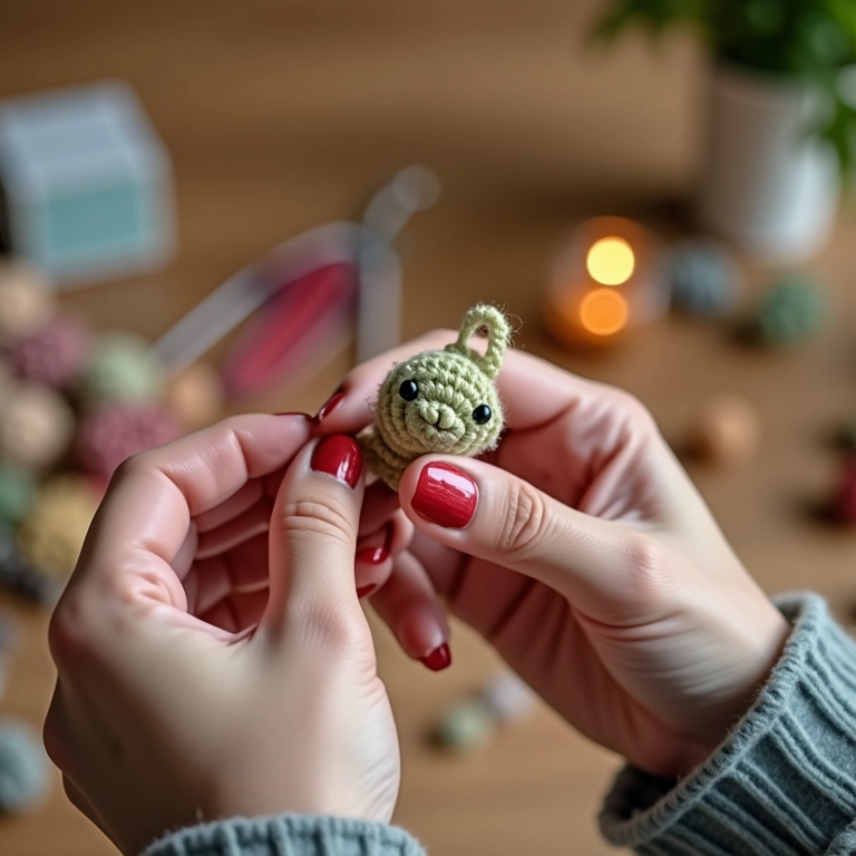 Mãos de artesã crochetando detalhe em decoração reciclada de amigurumi.