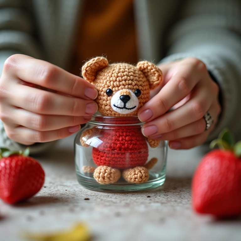 Mãos de artesã crochetando detalhes em amigurumi de vidro.