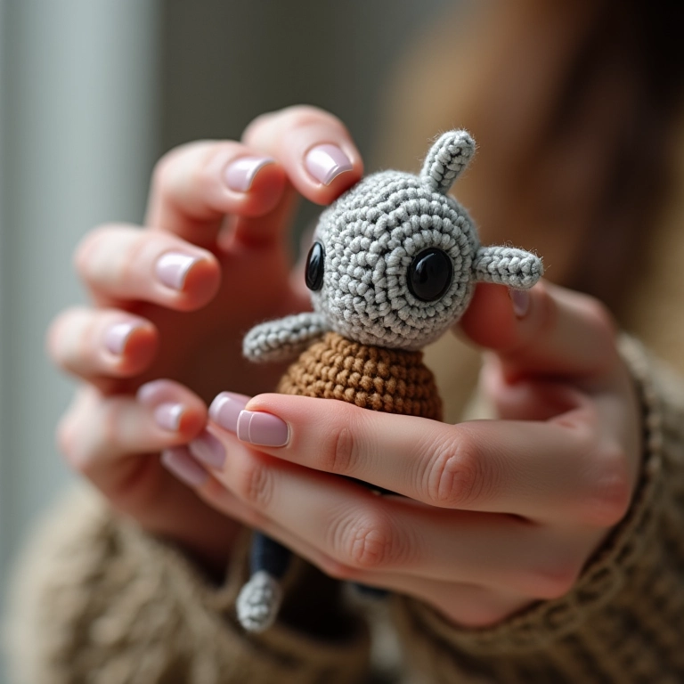 Mãos de artesã crocheteando amigurumi com lata reciclada.