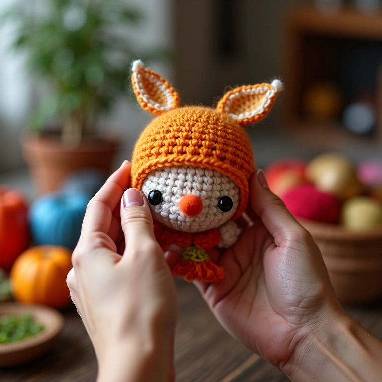 Mãos de artesã crocheteando chapéu junino.