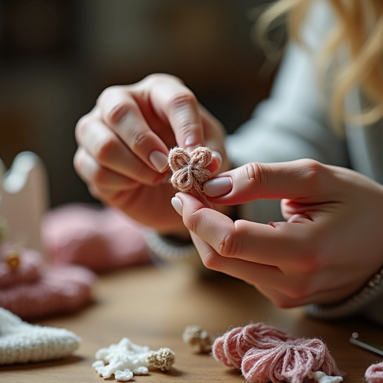 Mãos de artesã crocheteando detalhe para artesanato com caixa de sapato.
