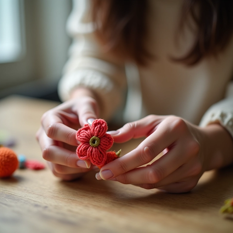 Mãos de artesã crocheteando flor de crochê para decoração de casamento.