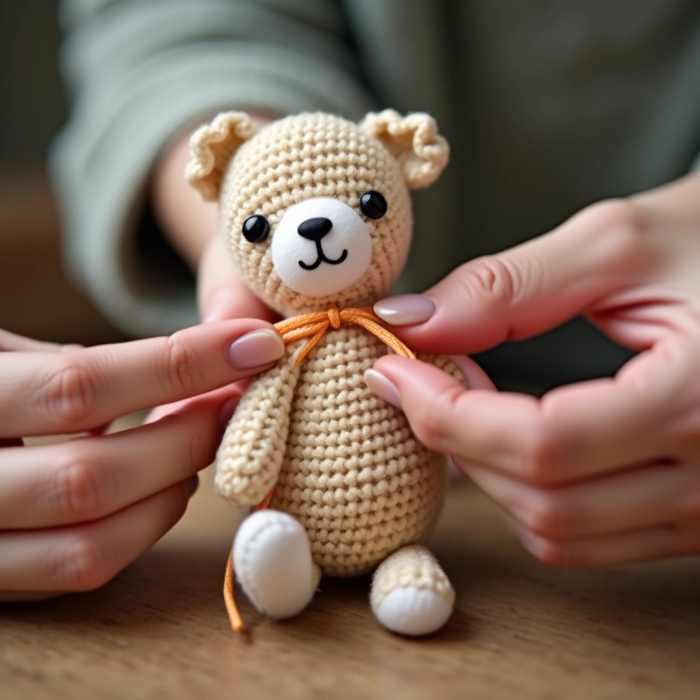 Mãos de artesã crocheteando ponto relevo frontal em amigurumi.