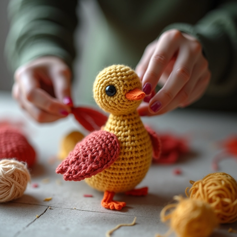 Mãos de artesã crocheteando um passarinho de amigurumi.