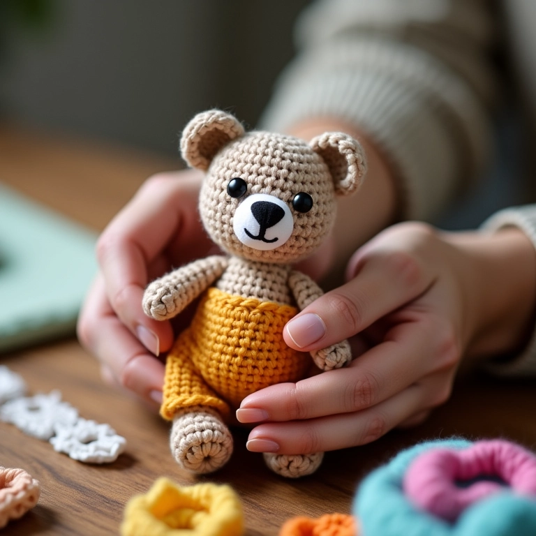 Mãos de artesã crocheteando um urso de amigurumi.
