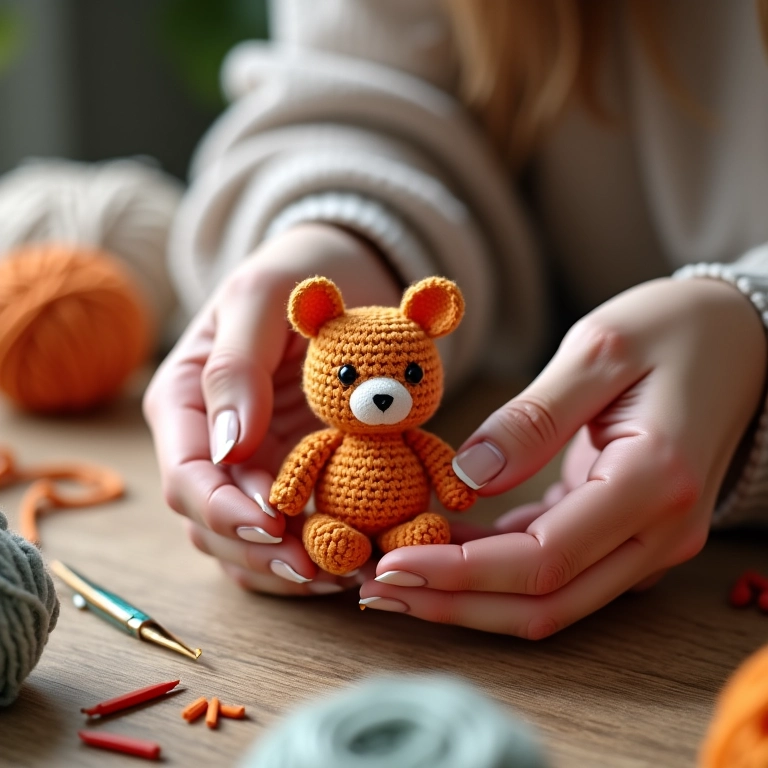 Mãos de artesã crochetedo móvel de pallet em amigurumi.