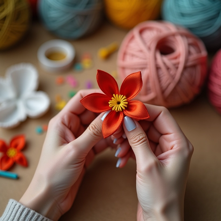 Mãos de artesã crocheting flor de fita de cetim.