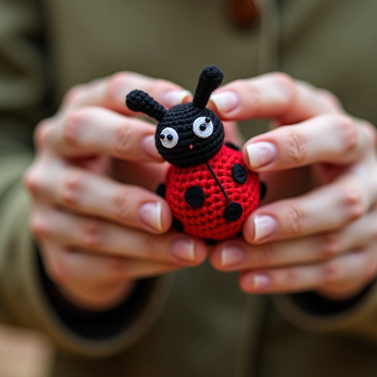 Mãos de artesã crocheting um amigurumi da Ladybug.