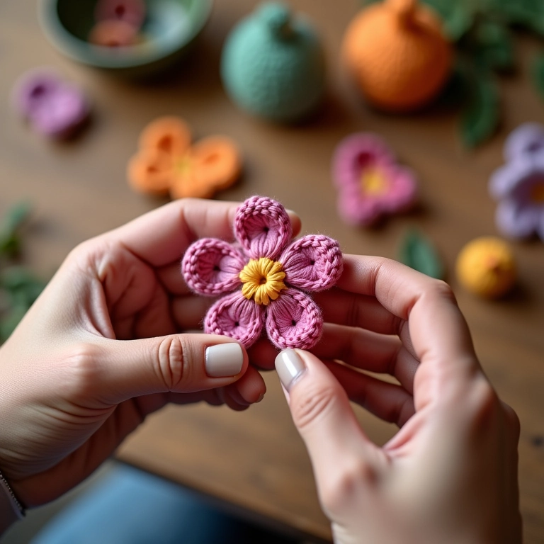 Mãos de artesã customizando amigurumi de flor.