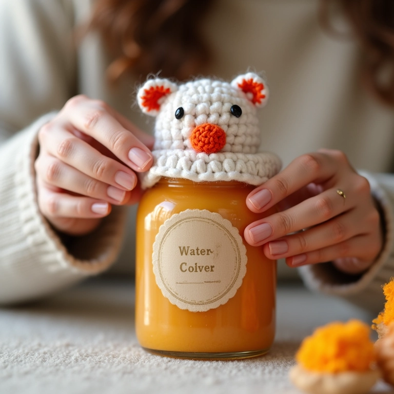 Mãos de artesã decorando pote de papinha com crochê.