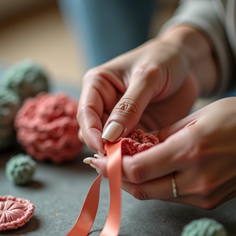 Mãos de artesã escolhendo fita de cetim para flor de crochê.