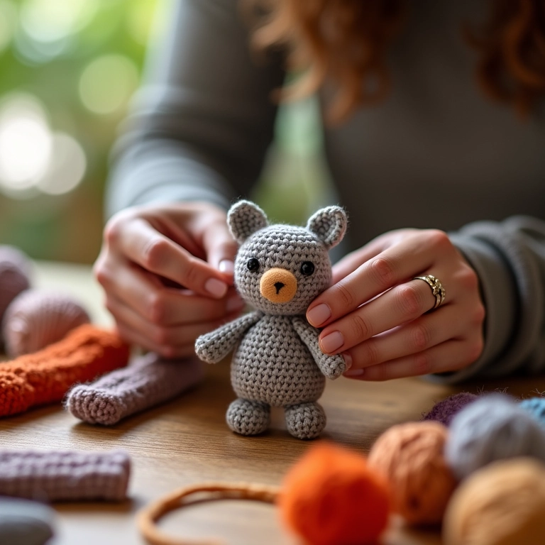 Mãos de artesã finalizando amigurumi com fio reciclado.