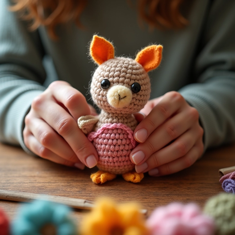 Mãos de artesã finalizando amigurumi da Galinha Pintadinha, crochê.