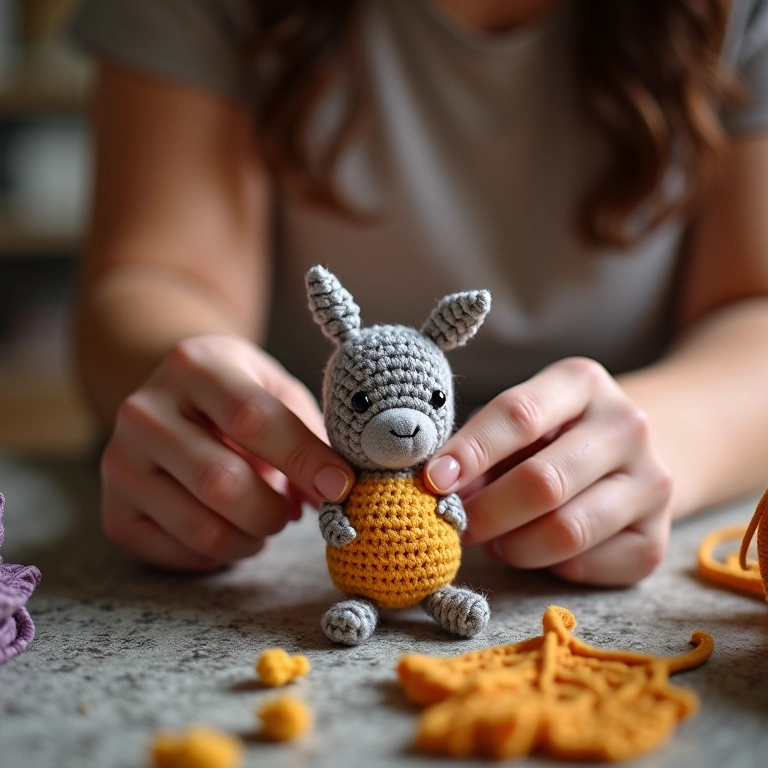 Mãos de artesã finalizando amigurumi de rolo de pintura.
