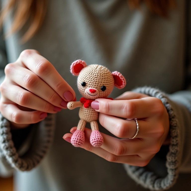 Mãos de artesã finalizando detalhe em amigurumi com ponto segredo.