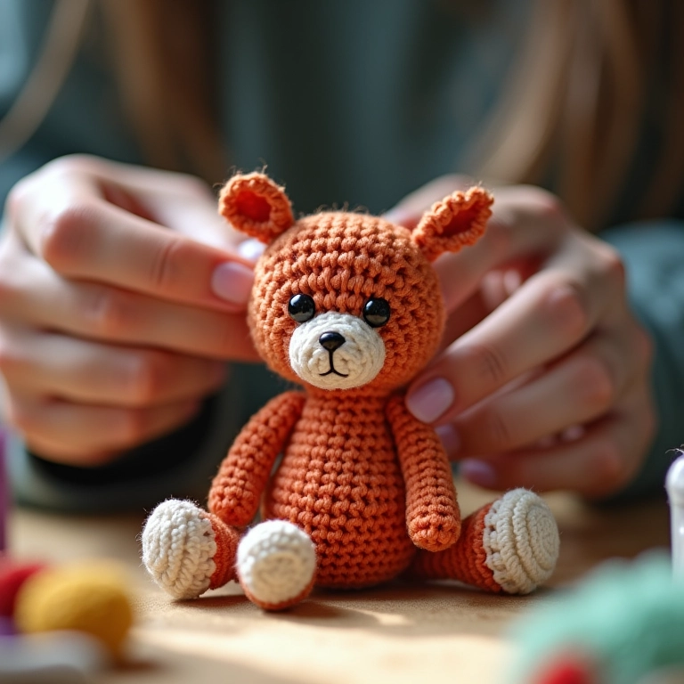 Mãos de artesã finalizando detalhe em amigurumi de crochê.