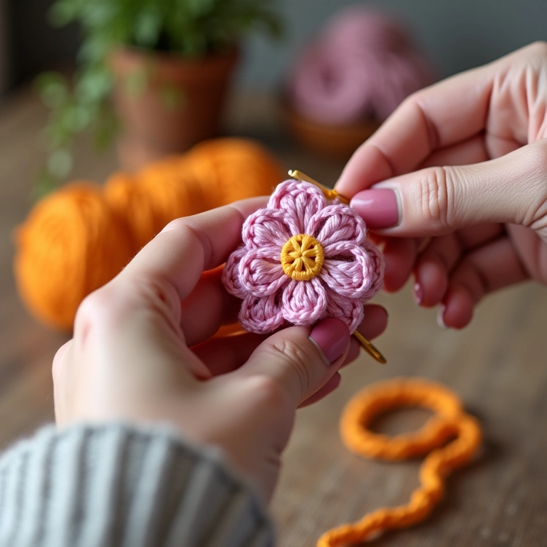 Mãos de artesã finalizando detalhe em amigurumi de flor.