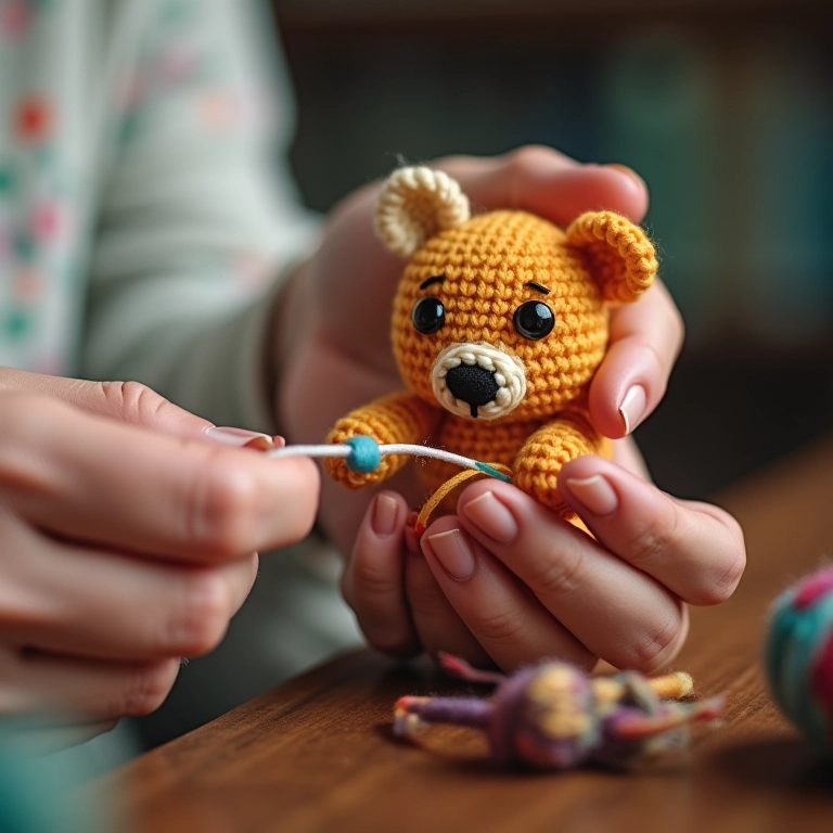 Mãos de artesã finalizando detalhe em amigurumi.