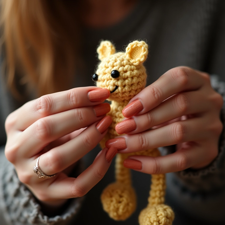 Mãos de artesã finalizando um amigurumi de porta-retrato de EVA em crochê.