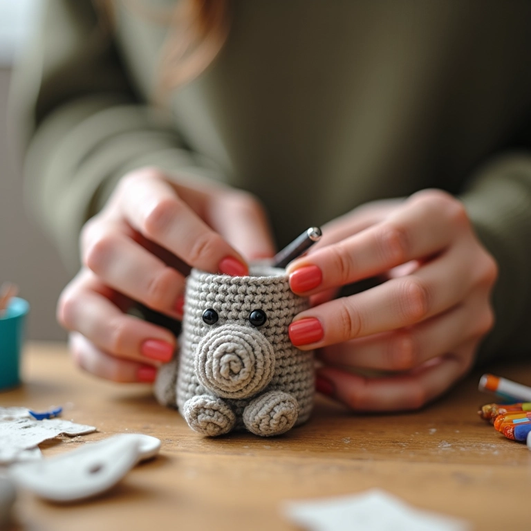 Mãos de artesã trabalhando em detalhe de amigurumi de rolo de papel.
