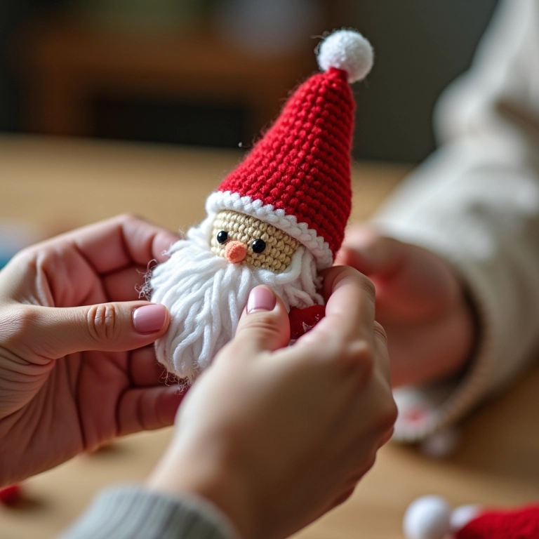 Mãos de criança segurando Papai Noel de amigurumi, lembrancinha de Natal.