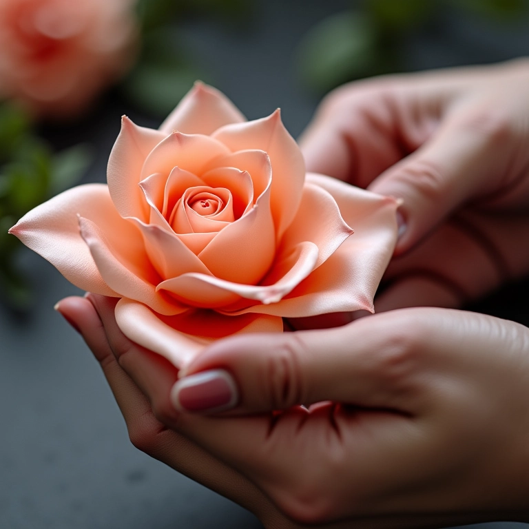 Mãos de especialista dando os toques finais em uma flor de fita de cetim.