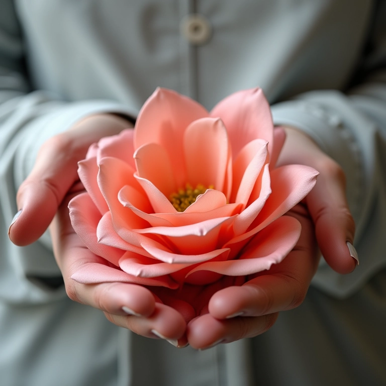 Mãos de especialista demonstrando técnica de criação de flor de cetim.
