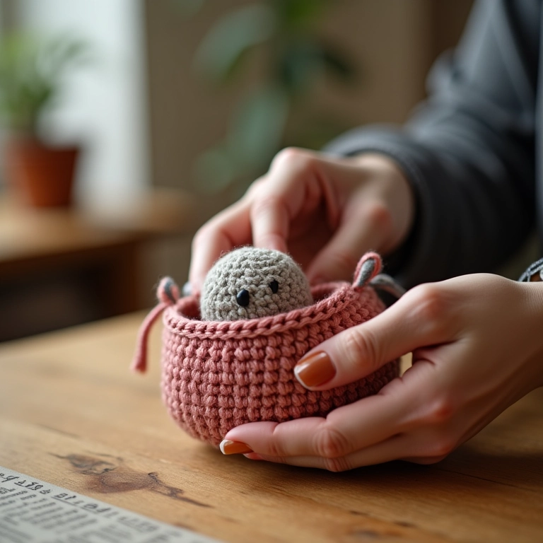 Mãos de uma artesã crochetando a base de um cesto de jornal de amigurumi.
