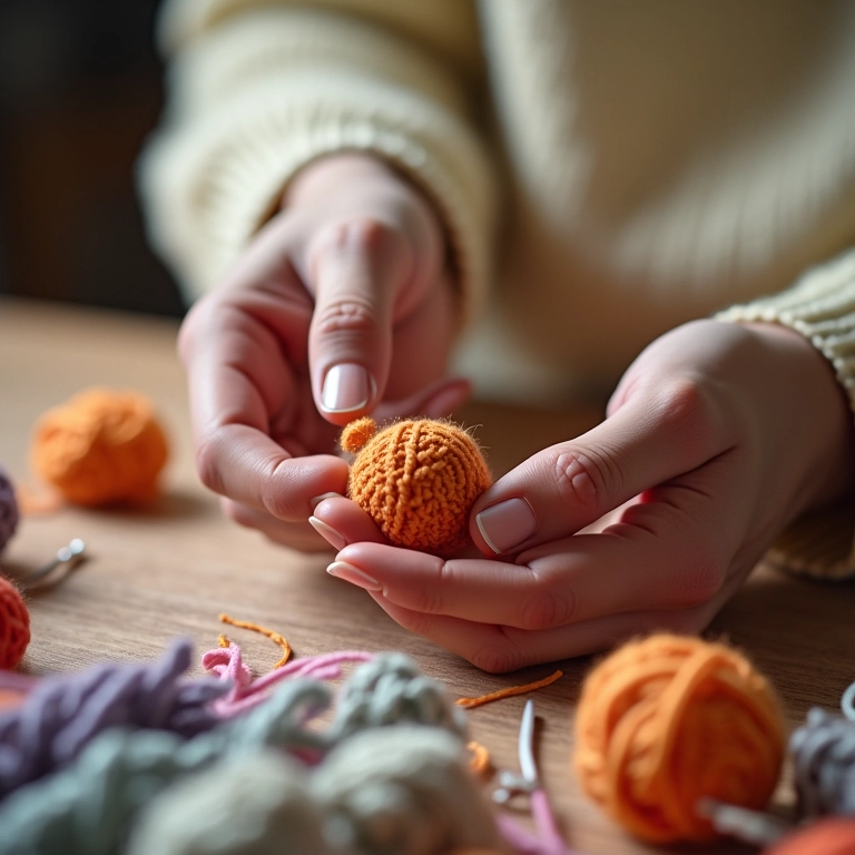 Mãos de uma artesã crochetando um pequeno detalhe em um amigurumi. Foco suave, fio, cena brilhante.