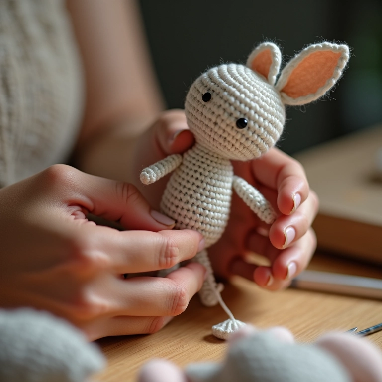 Mãos de uma artesã crochetando uma marionete de papel de crochê.