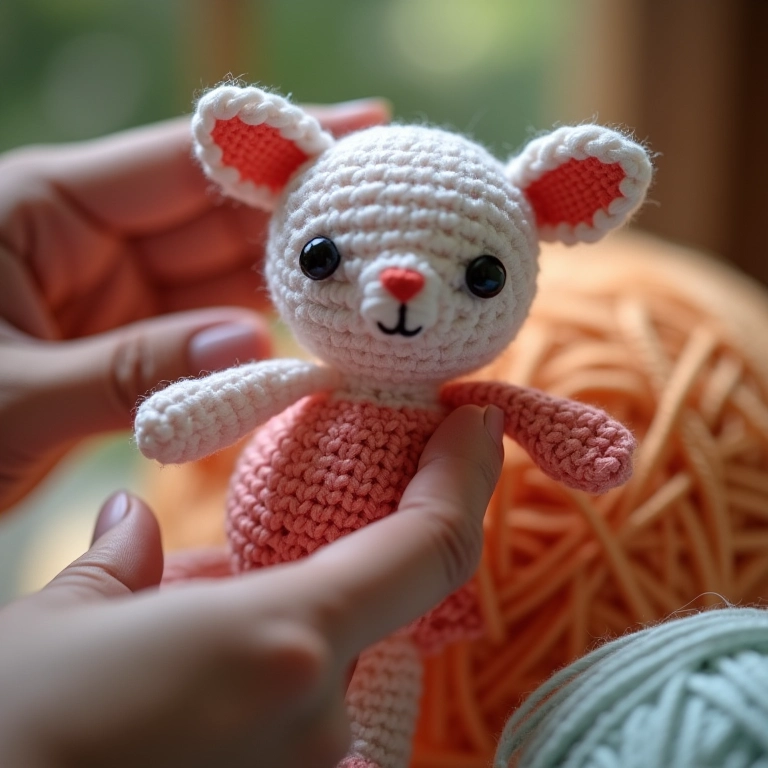 Mãos de uma artesã crocheteando um porta-retrato de EVA em crochê.