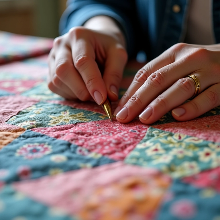 Mãos de uma especialista trabalhando em uma colcha 'jelly roll', mostrando técnicas de costura.