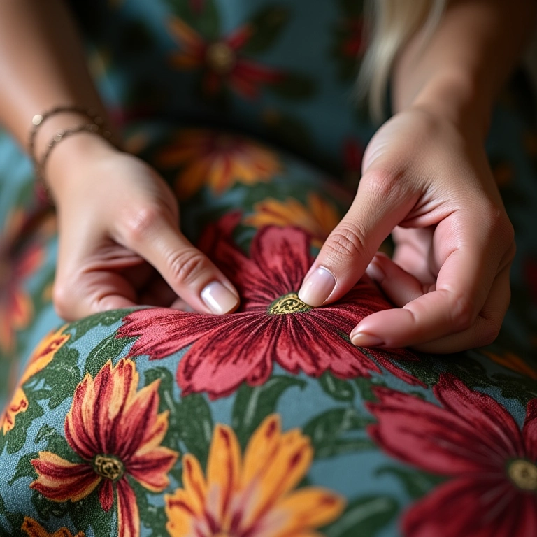 Mãos de uma mulher bordando ponto cruz em tecido floral, com luz natural e detalhes vibrantes.