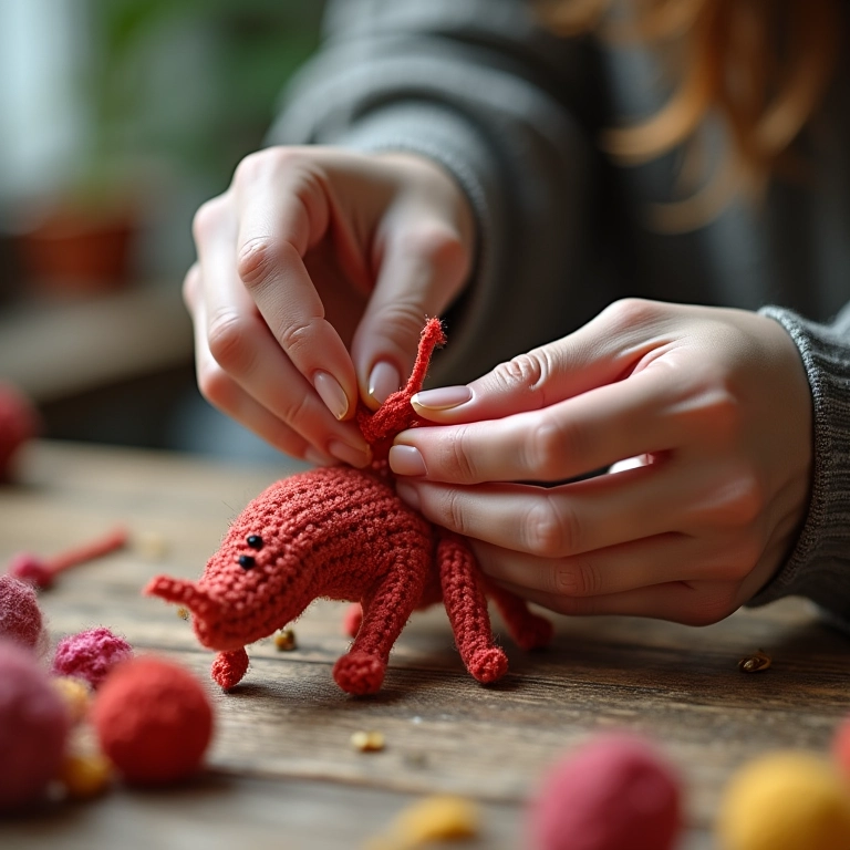 Mãos de uma mulher crocheteando um pequeno detalhe em um amigurumi feito de material reciclado.