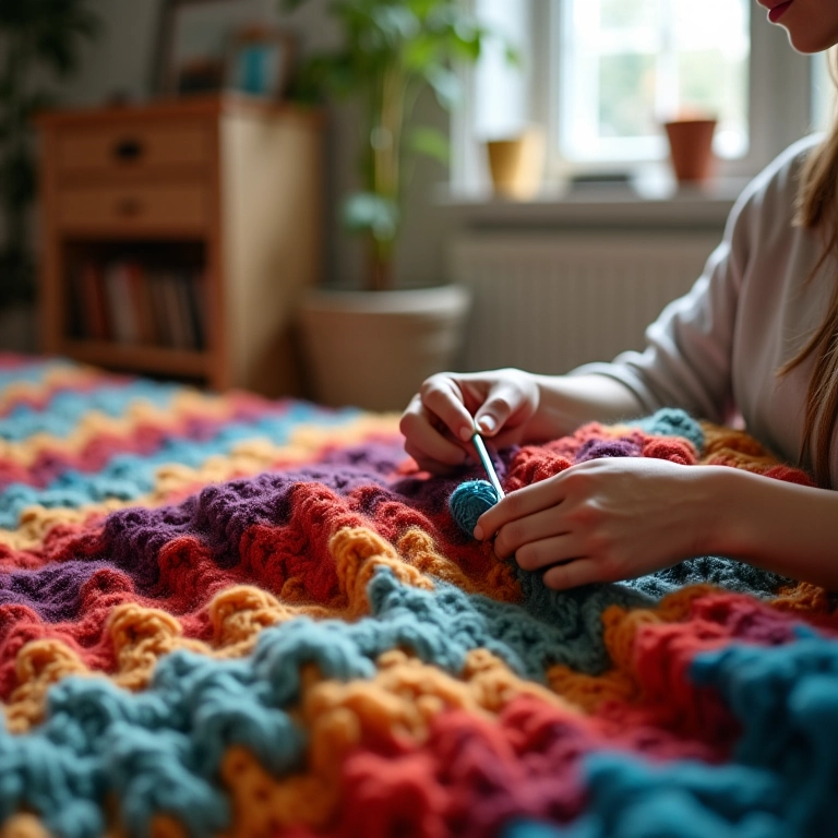 Mãos de uma mulher tricotando um cobertor colorido em um ambiente aconchegante.
