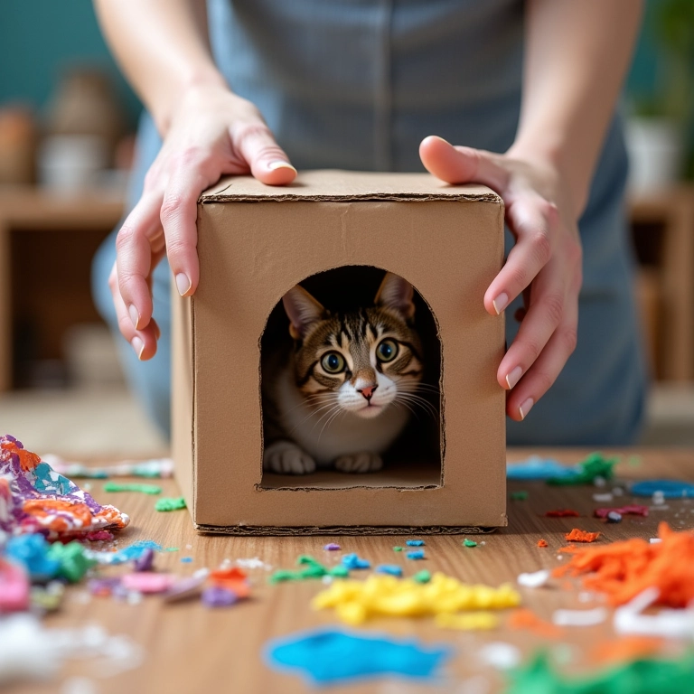 Mãos decorando casinha de papelão para gatos.