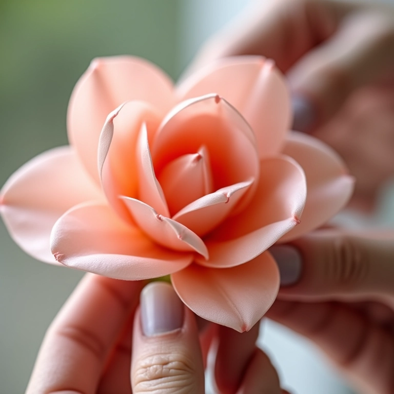 Mãos delicadas limpando suavemente uma flor de fita de cetim.