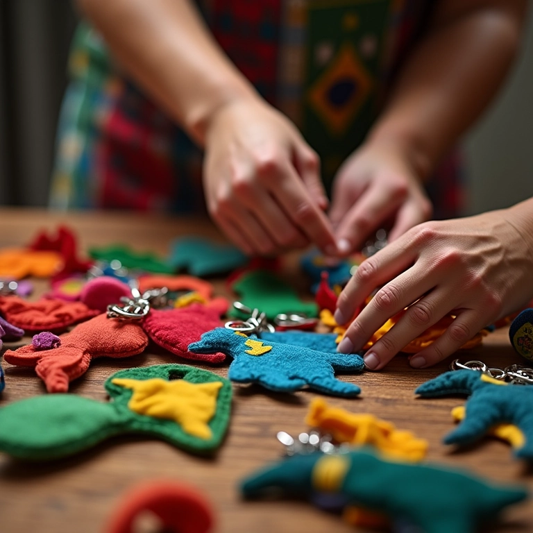 Chaveiros de feltro passo a passo: como fazer Mãos diversas criando chaveiros de feltro artesanais em mesa de madeira com tecidos coloridos.