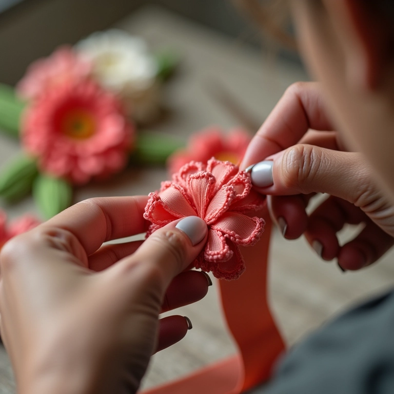 Mãos dobrando e costurando fita para pétala de flor de crochê.