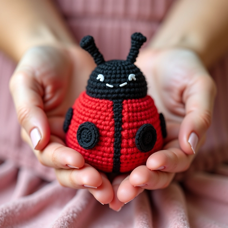 Mãos entregando amigurumi de joaninha, momento especial da festa.
