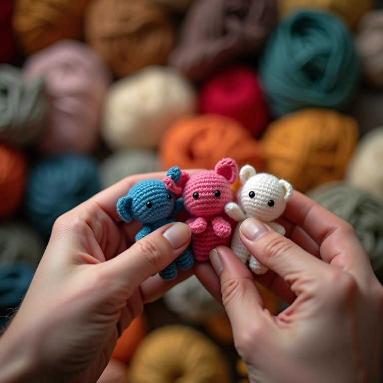Mãos escolhendo linhas coloridas para criar amigurumis, dicas para escolher a lembrancinha perfeita.
