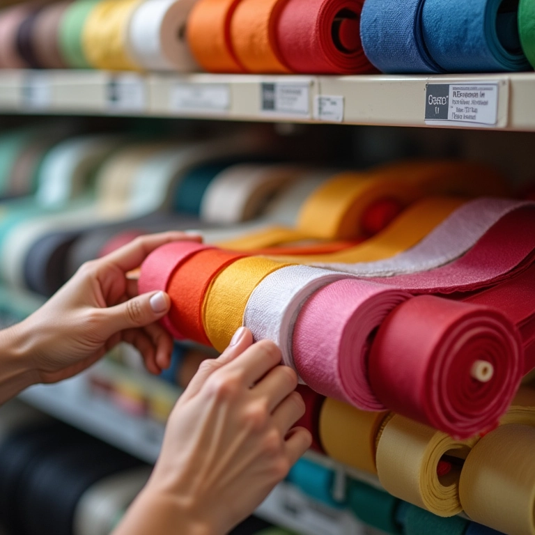 Mãos escolhendo um 'jelly roll' colorido em uma loja de tecidos no Brasil.