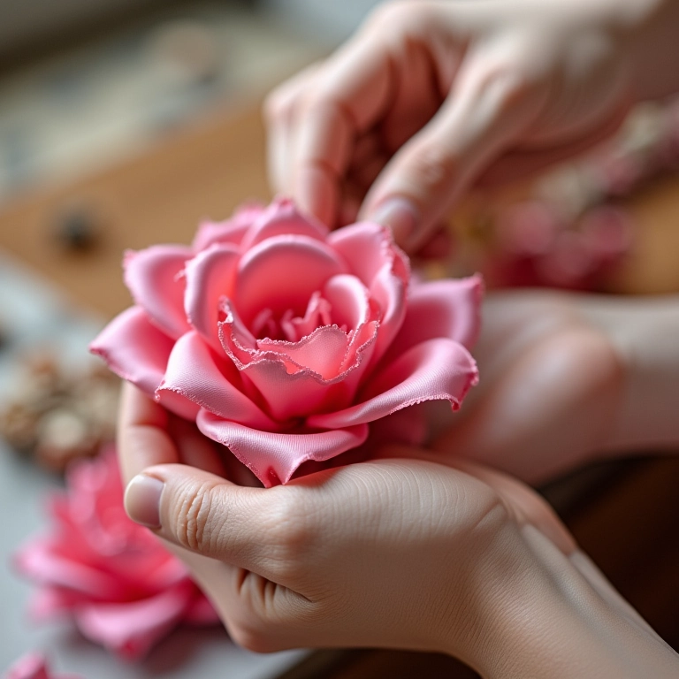 Flores feitas com fitas de cetim: passo a passo Mãos habilidosas criando flores delicadas com fitas de cetim coloridas.