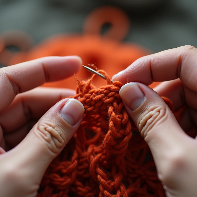 Mãos habilidosas criando ponto corrente, com detalhes da agulha e do fio em um ambiente de luz suave.