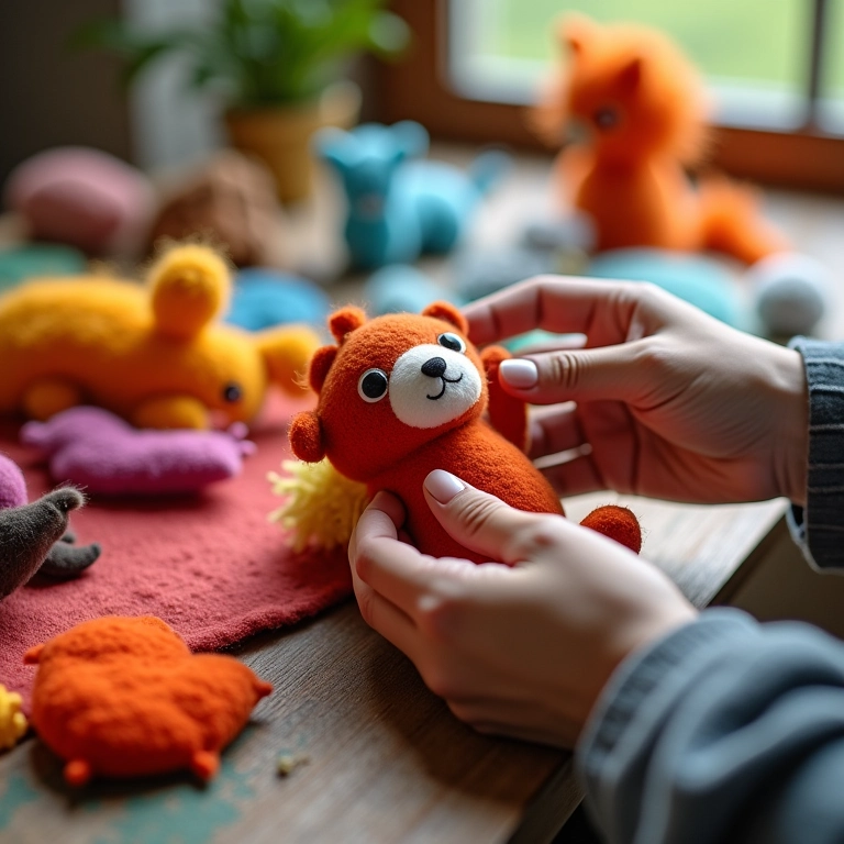 Mãos habilidosas criando um bichinho de feltro colorido.